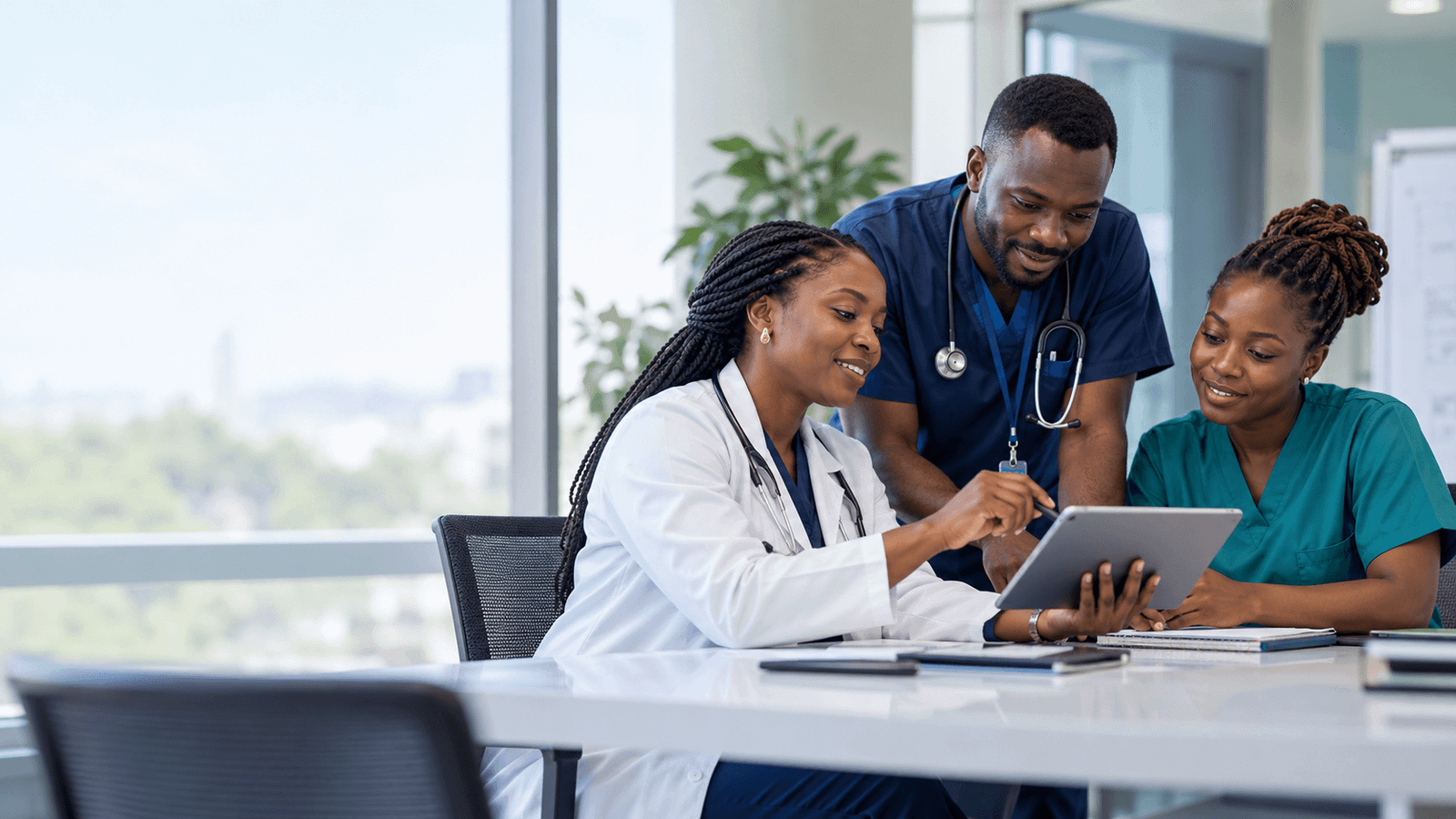 Équipe de professionnels de santé échangeant autour d’une tablette