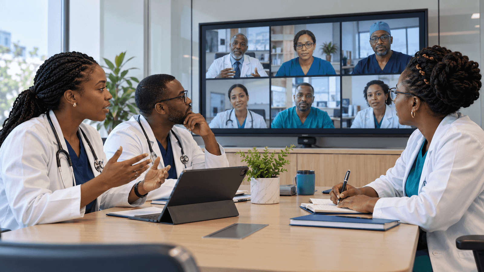 Médecins réunis en salle suivant un webinaire avec des participants connectés à distance